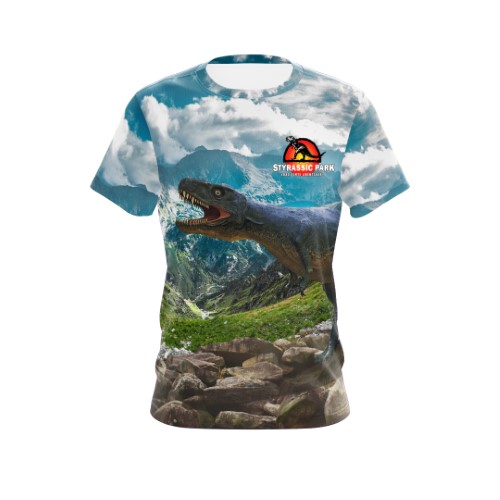 Image of Styrassic Park T-Shirt with T-Rex in the mountains
