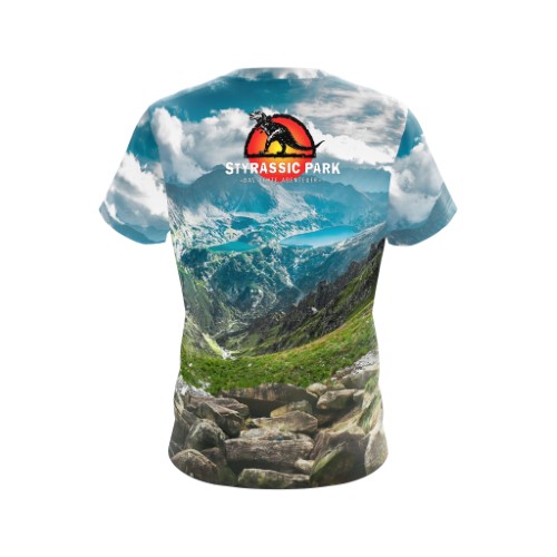 Image of Styrassic Park T-Shirt with T-Rex in the mountains - back