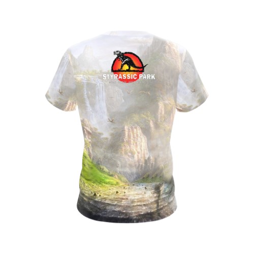 Image of Styrassic Park Tyrannosaurus Rex T-Shirt in Rocky Mountains - back