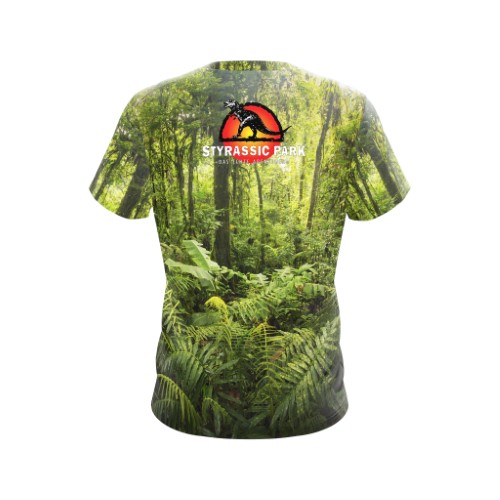 Image of Styrassic Park T-Shirt features a T-Rex muzzle on a jungle background - back
