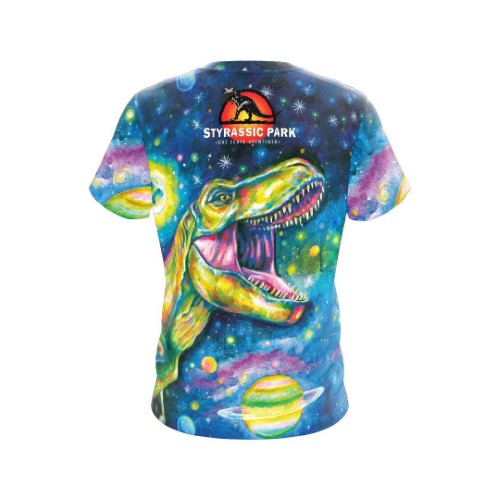 Image of Styrassic Park Tshirt T-Rex in an artistic, colorful style - back