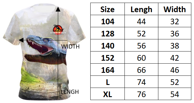 Image of Styrassic Park T-Shirts Size Chart