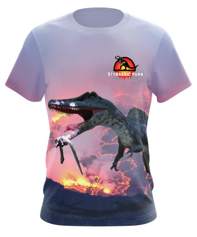 Image of Styrassic Park T-Shirt features Spinosaurus on a purple volcano background