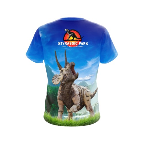 Bild von Styrassic Park T-Shirt mit Triceratops auf der Wiese - hinten