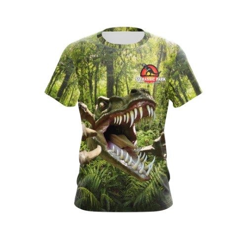 Bild von Styrassic Park T-Shirt mit T-Rex Maul auf Dschungelhintergrund