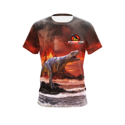 Bild von Styrassic Park T-Shirt mit T-Rex auf feurigen Vulkanhintergrund