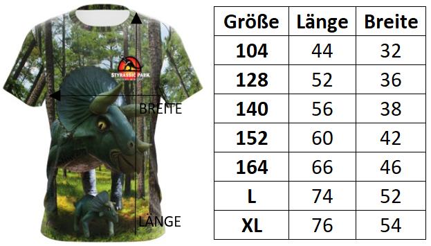 Bild von Größentabelle der Styrassic Park T-Shirts